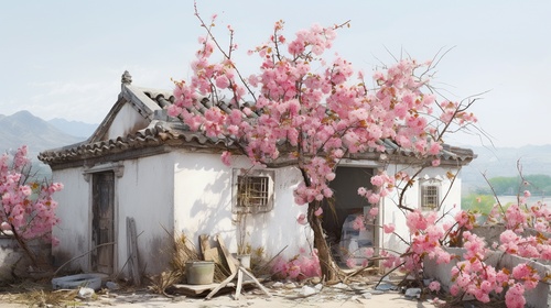 一座白色的建筑，前面有粉红色的花朵，具有中国乡村的风格，乡村生活描绘