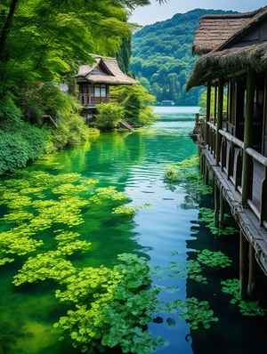 The emerald green water flows leisurely, revealing a picturesque jade lake with a deep, secluded bamboo forest on the horizon. Just beyond stands a thatched cottage, with wisps of smoke curling up from its rooftop, carrying a heartwarming scent. This sight, like a fairyland, captivates and lingers in one's heart. v 5.2 ar 3:4