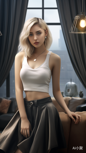 Photorealistic Blonde Asian Woman in Stylish Living Room