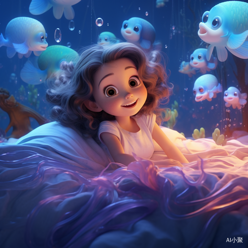 Dreamy Bedroom: Detailed Illustration of a Cute Little Girl Dreaming