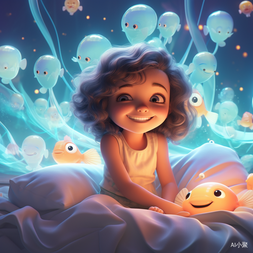 Dreamy Bedroom: Detailed Illustration of a Cute Little Girl Dreaming