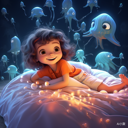 Dreamy Bedroom: Detailed Illustration of a Cute Little Girl Dreaming