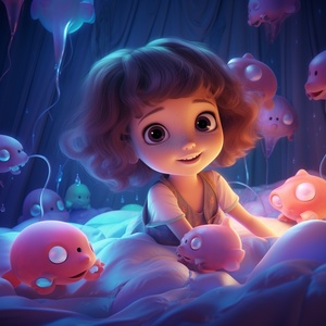 A cute little girl lying in bed dreaming, beautiful big eyes, fantasy creature, jellyfish floating,dreamy bedroom, soft bed, bright colors, happy, laughing, Disney pixar3D style, detailed illustration, hd, digita art, complementing colors, trending on artstation, Cinematic Lightingar 3:4 niji 5