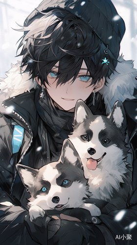 A Beautiful Nightcore Scene: Man in Black with a Border Collie in Snow