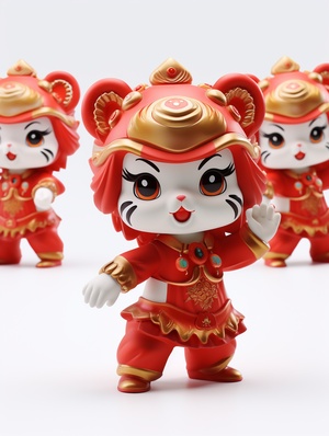 whole bodygenerate three views,namely front view,side view and rear view,ip design,popmart style,blind box toy,super cute girl,wearinga Chinese traditional,dancing lion as a hat,red,happy,standing pose,hands stretched horizontally to both sides raised 90 degrees,studio lighting,white background,3D rendering,4k,super detail niji