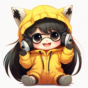 1girl, :d, ^^^, ahoge, animal_hood, bangs, chibi, dancing, hood, hood_up, long_hair, long_sleeves, notice_lines, open_mouth, parody, smile, solo, standing, sunglasses, virtual_youtuber, 黑_hair, white_hoodie, yellow_footwear