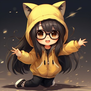 1girl, :d, ^^^, ahoge, animal_hood, bangs, chibi, dancing, hood, hood_up, long_hair, long_sleeves, notice_lines, open_mouth, parody, smile, solo, standing, sunglasses, virtual_youtuber, 黑_hair, white_hoodie, yellow_footwear