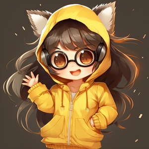 1girl, :d, ^^^, ahoge, animal_hood, bangs, chibi, dancing, hood, hood_up, long_hair, long_sleeves, notice_lines, open_mouth, parody, smile, solo, standing, sunglasses, virtual_youtuber, 黑_hair, white_hoodie, yellow_footwear