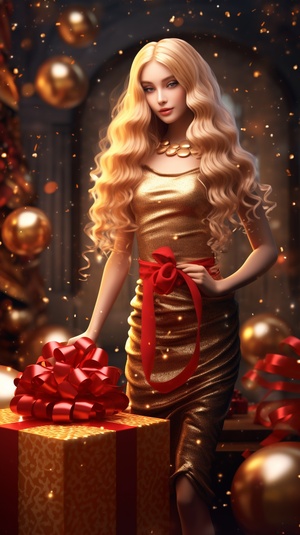 The overall Christmas atmosphere, blonde long hair beauty, wearing a golden tube top skirt, oriental temperament beauty, golden modern pop surrealism, 4k HD image quality, golden gift box, balloon embellishment,niji 5