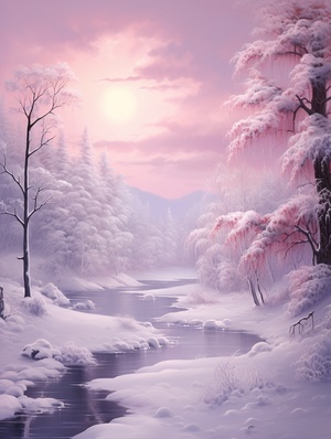 2 pink snow scene wallpaper hd, in the style of romanticized country life, light purple and dark amber, cabincore, bright and vivid colors, infrared, light pink and brown, bob ross,