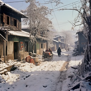 80年代寒冬腊月银装素裹，厚厚的积雪，80年代农村房屋，大大的院落，成串的干辣椒，苞米堆，农具，嬉闹的孩童，勤劳美丽的女人，和蔼的老人，温顺的小狗，远处的树和雪被的田野