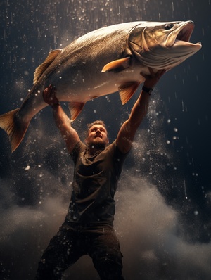 A man of muscle, holding a big fish, fish jump gantry, waves, in Norwegian natural style, gold and brown, Pentax 645n, Frank Bramley, Dmitri Spiros, adventurecore, strong silhouette, layered, authentic, crazy detail, super clear, ultra HD