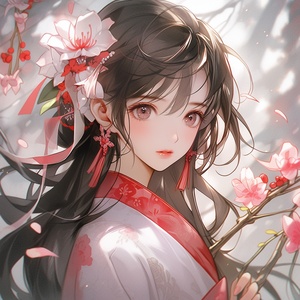 anime girl in white kimono standing behind pink flower petals, in the style of western zhou dynasty, dark red and gray, northern and southern dynasties, i can't believe how beautiful this is, nightcore