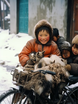 80年代寒冬腊月银装素裹，厚厚的积雪，80年代农村房屋，大大的院落，成串的干辣椒，苞米堆，农具，嬉闹的孩童，勤劳美丽的女人，和蔼的老人，温顺的小狗，远处的树和雪被的田野