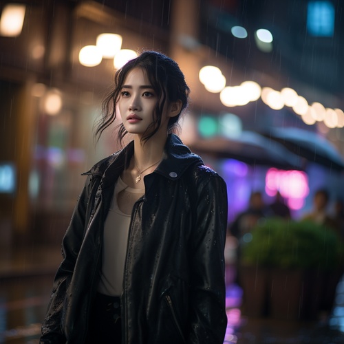 18-30 years old, a beautiful Chinese woman walking on dimly lit streets, with masterpieces in ultra-high definition and perfect details, A street with dim lights after rain, Full Length Shot(FLS), depth of field (dof)