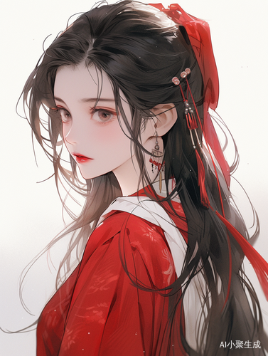 Whimsical Anime Girl with Black Long Hair: Xu Beihong's Delicate Ink Wash Style