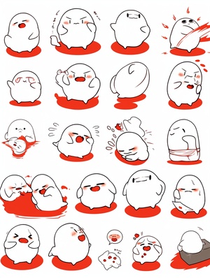 Multiple shapes and emoticons, shape continuous smooth, emoticons including sad, happy, angry, sad, emoticons, related characters, white Snowman, cute, red background bold lines, simple details, line art, sticker art,simple lines style cute ar3:4ar 3:4 niji s124