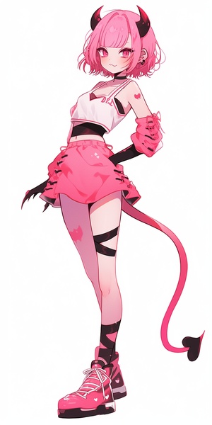 Girl, pink straight bangs, double ponytail, black eyes, red devil horns and tail, tiger teeth, pink midriff-baring dress, pink skirtGirl, pink bangs, double ponytail, black eyes, red devil horns and tail, tiger teeth, pink midriff-baring dress, pink skirt, white socks.