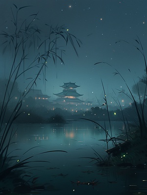 湖泊夜晚的中国插画风景