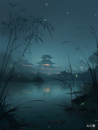 湖泊夜晚的中国插画风景