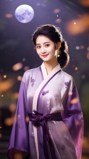 On,Mid-Autumn,Festival,,a,woman,wearing,a,purple,Han,suit,in,ancient,China,,with,large,eyes,,delicate,facial,features,,simple,clothes,,clear,details,,and,a,large,round,moon,in,the,background,,sat,under,the,osmanthus,and,played,the,pipa,in,high,detail,,32K,