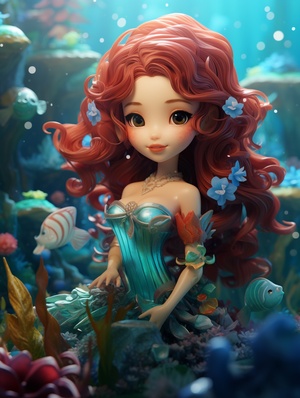 A beautiful mermaid in the blue sea with beautiful surroundings a small mermaid, in the style of hyper-realisticpop, charming character illustrations, gongbi, tiltshift, unicorncore, commission for, ferrania p30ar 25:34 niji 5