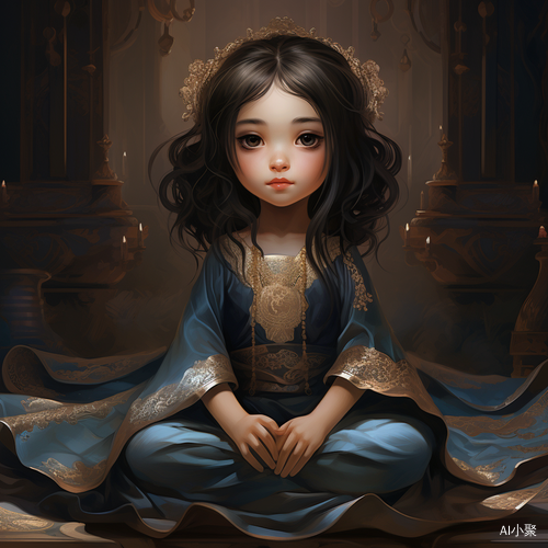 Cool Goddess with Big Eyes, 8 Years Old, Sitting in Scene