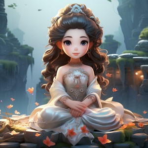 Cool Goddess with Big Eyes, 8 Years Old, Sitting in Scene