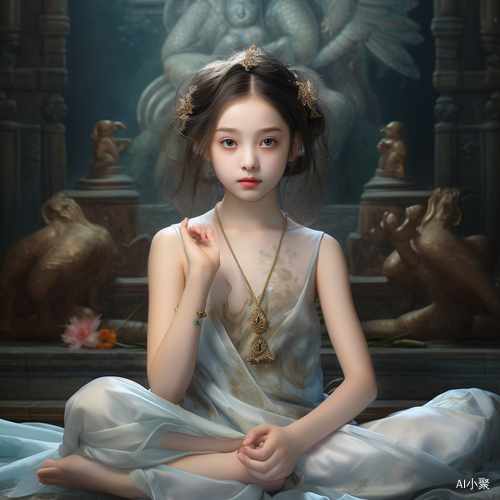 Cool Goddess with Big Eyes, 8 Years Old, Sitting in Scene