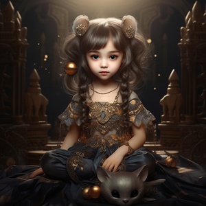 Cool Goddess with Big Eyes, 8 Years Old, Sitting in Scene