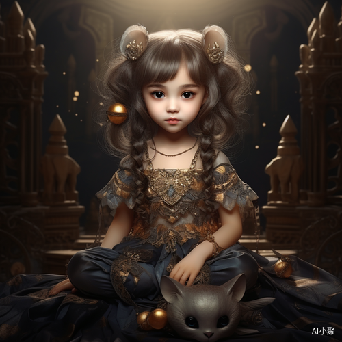 Cool Goddess with Big Eyes, 8 Years Old, Sitting in Scene