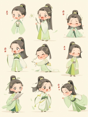 The little girl wearing a light green gauze skirt is a summer costume from the Tang Dynasty in China. She has a smiling face)，( animated character design, Chinese painting, cute, modest charm, classical style,)(expression bag,9 emoticons, happy, smile, sad, serious, expression Symbol table, various postures and expressions, different emotions, various poss and expressions,8kar 3:4 niji 5 stylize high style default