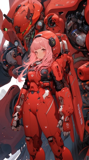 ultra detailed illustration, an adult woman with anime pilot plug suit in red, she has long pink hair with fringe, she has two very tiny red horns, mecha pilot, evangelion merged with pacific rim