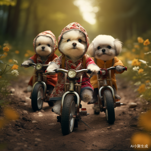 可爱小狗穿汉服骑自行车在花丛中