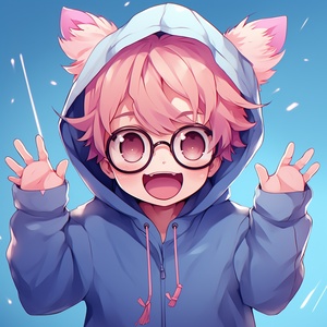 1男孩, :d, ^^^, ahoge, animal_hood, bangs, chibi, dancing, hood, hood_up, long_hair, long_sleeves, notice_lines, open_mouth, parody, smile, solo, standing, sunglasses, virtual_youtuber, 粉_hair, 短发，蓝卫衣男