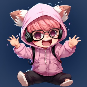 1男孩, :d, ^^^, ahoge, animal_hood, bangs, chibi, dancing, hood, hood_up, long_hair, long_sleeves, notice_lines, open_mouth, parody, smile, solo, standing, sunglasses, virtual_youtuber, 粉_hair, 短发，蓝卫衣，黑短裤男