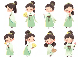 The little girl wearing a light green gauze skirt is a summer costume from the Tang Dynasty in China. She has a smiling face)，( animated character design, Chinese painting, cute, modest charm, classical style,)(expression bag,9 emoticons, happy, smile, sad, serious, expression Symbol table, various postures and expressions, different emotions, various poss and expressions,8kar 3:4 niji 5 stylize high style default