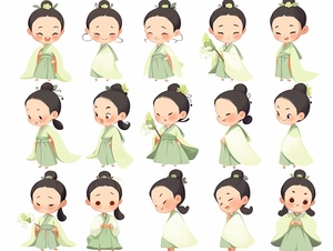 The little girl wearing a light green gauze skirt is a summer costume from the Tang Dynasty in China. She has a smiling face)，( animated character design, Chinese painting, cute, modest charm, classical style,)(expression bag,9 emoticons, happy, smile, sad, serious, expression Symbol table, various postures and expressions, different emotions, various poss and expressions,8kar 3:4 niji 5 stylize high style default