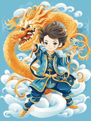 raditional Chinese ancient little boy, wearing a traditional Chinese jacket with a dragon dancer behind her，sideways,Wushu movements，raditional Chinese Printmaking， Paper Cuttings art，Gold and blue color scheme，Master works，Diagonal composition，woodblock print style,flat cartons，Vector illustration style，flat illustration,white background，4k q 3 ar 9:16 niji 5 s 200