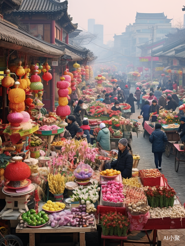 元旦节现实城市热闹花市，各式各样的民族风情小饰品