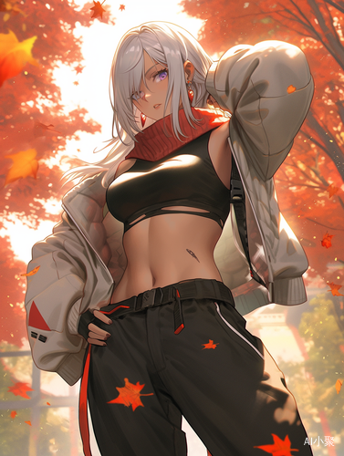 Anime girl in autumn, dark white style, strong expression