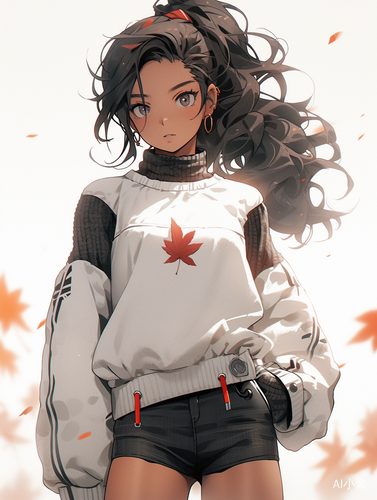 Anime girl in autumn, dark white style, strong expression