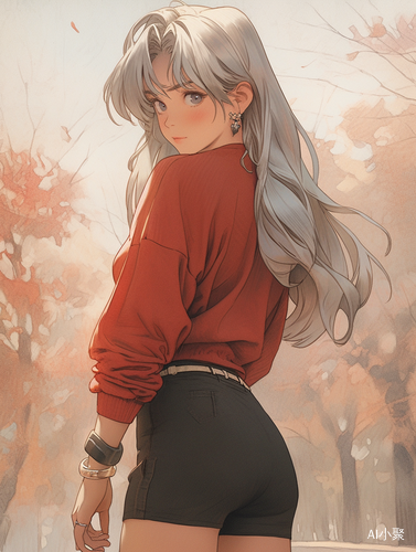 Anime girl in autumn, dark white style, strong expression