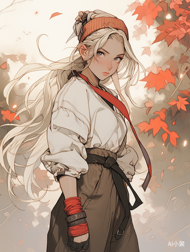 Anime girl in autumn, dark white style, strong expression