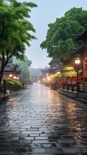 江南古镇，下着雨，石板路，河畔，桥，道路两边的花草和树，安静，超清画质，超高清晰度，超高分辨率，16k ar 9:16