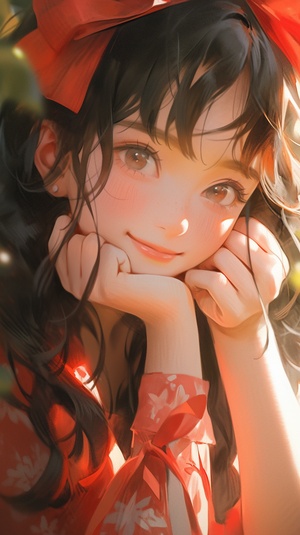 Semi-Realistic Style Girl with Red Bow in a Warm Atmosphere