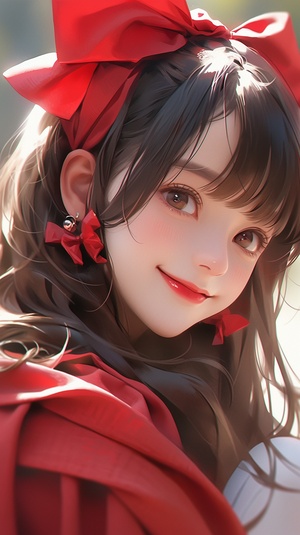 Semi-Realistic Style Girl with Red Bow in a Warm Atmosphere