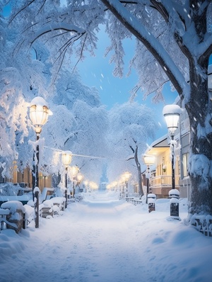 Cinematic in style of David Fincher beautiful snow scape. The village is covered in heavy snow, the bungalows and trees are covered by thick snow. Snowflakes dance in the reflected yellow light of street lamps. heavy snowfall continues to fall. The background is light blue, the perspective is surreal, the angle is super wide angle, the photography is bright and soft, and the artistic conception is beautiful, 4K, high definition, 8K, high definition ar 9:16 style raw stylize 50 v 5.2