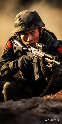 中国军人机枪射手在靶场上迎风扬起红旗