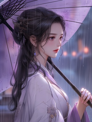 烟雨蒙蒙的古代街道，一位紫衣汉服美女撑着油纸伞走在雨中，古风，8K 高清